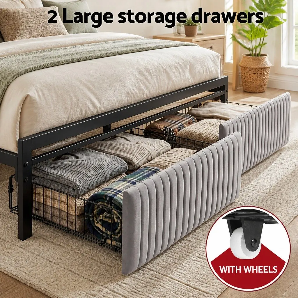 Queen Size Metal Bed Frame Black Velvet Headboard with LED Charging Station USB Type-C and Under Bed Drawers