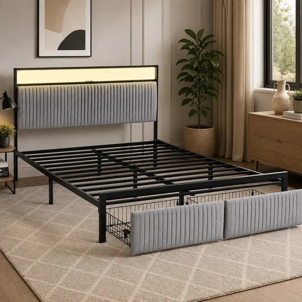 Queen Size Metal Bed Frame Black Velvet Headboard with LED Charging Station USB Type-C and Under Bed Drawers