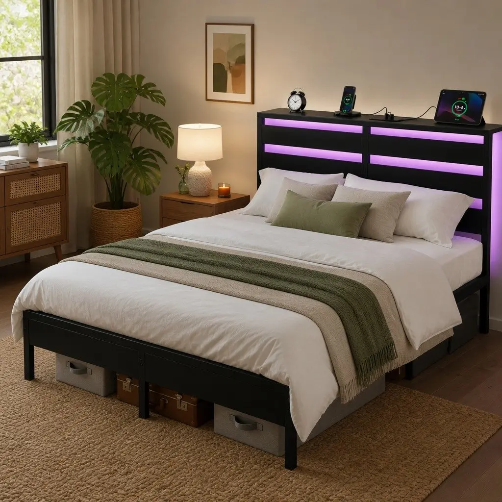 Queen Size Bed Frame with LED Lighting