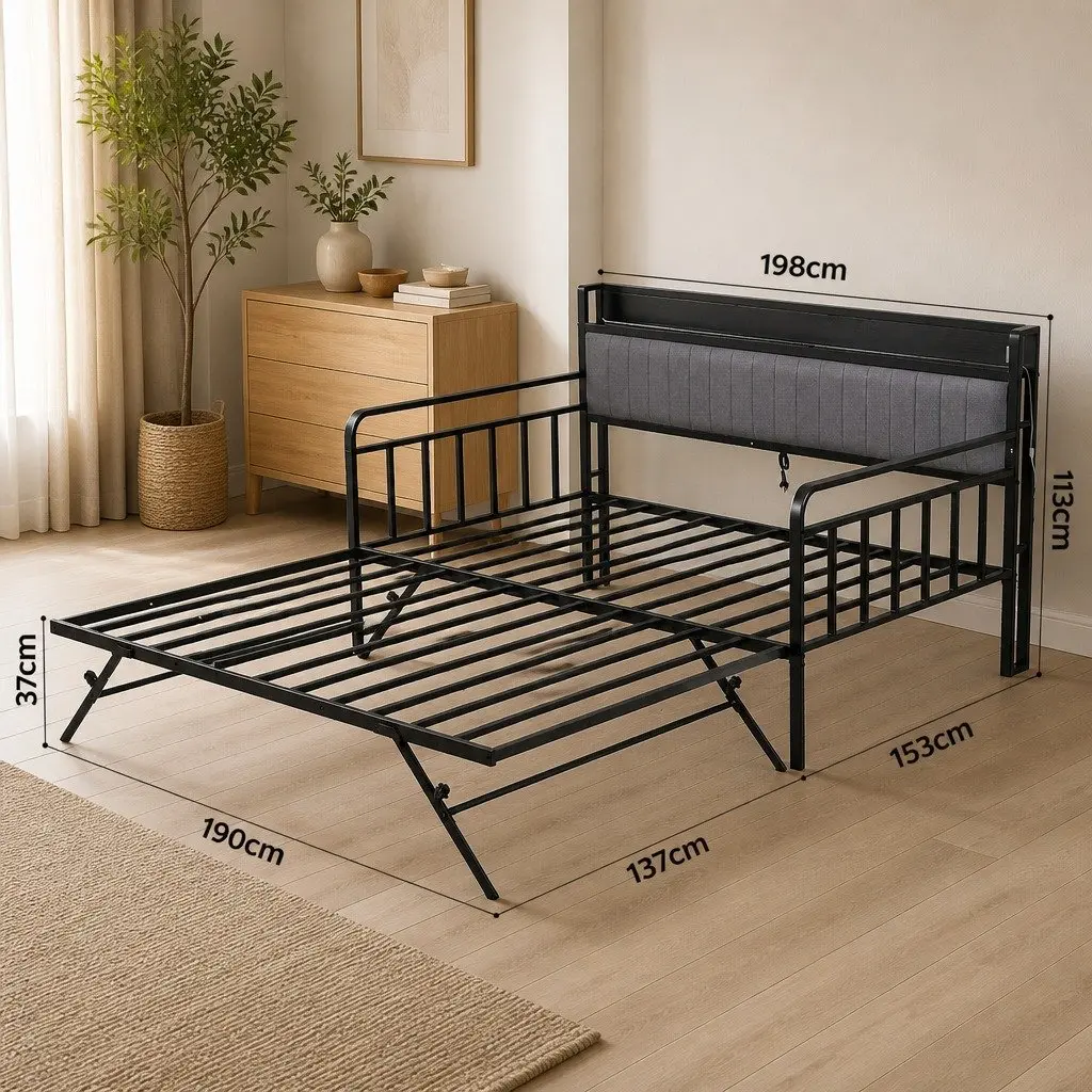 Double Bed Frame Black Double Size Daybed with Trundle LED Lights and Charging Station