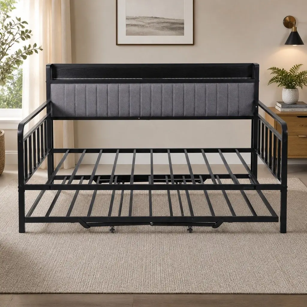 Double Bed Frame Black Double Size Daybed with Trundle LED Lights and Charging Station