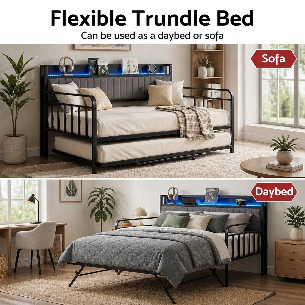 Double Bed Frame Black Double Size Daybed with Trundle LED Lights and Charging Station