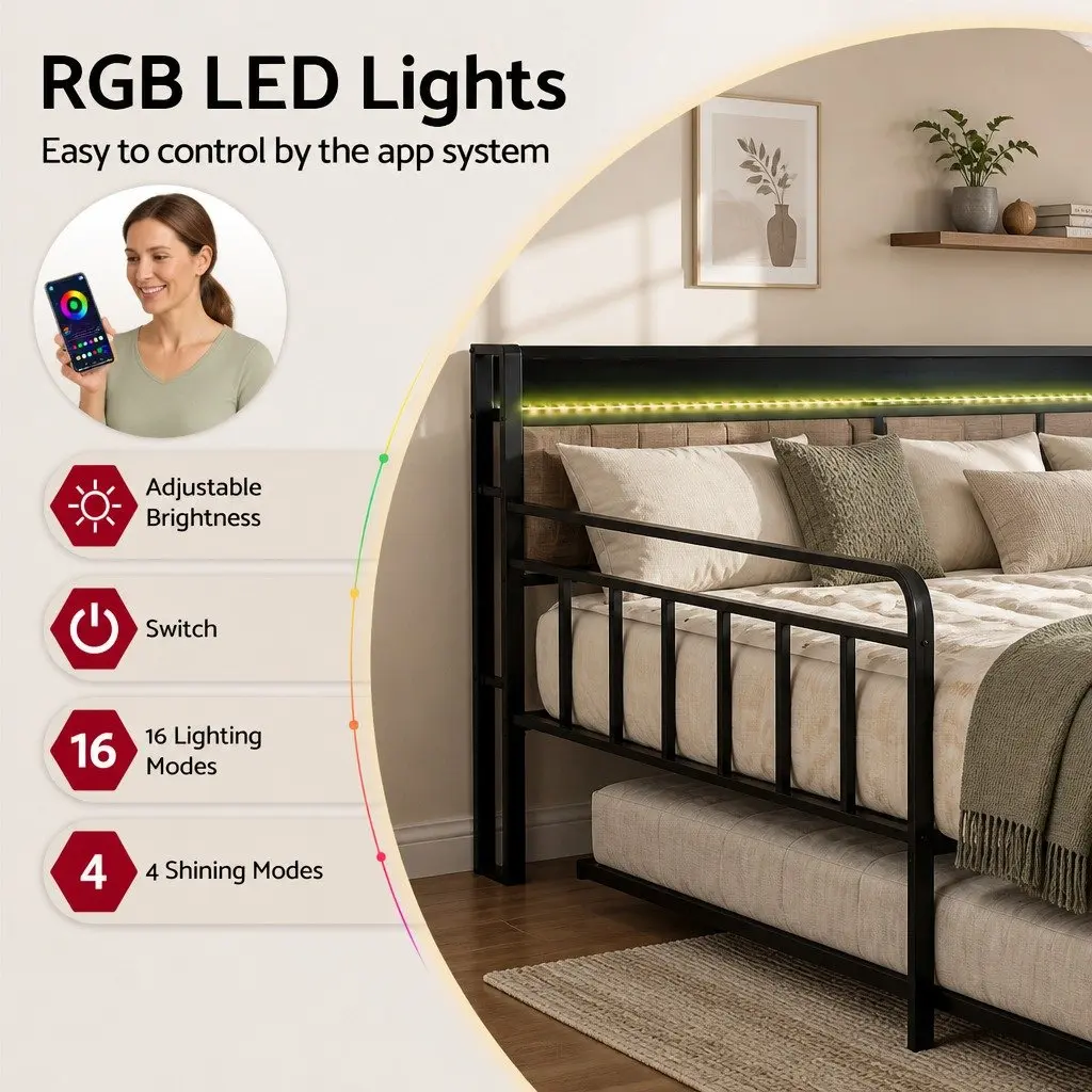 Double Bed Frame Black Double Size Daybed with Trundle LED Lights and Charging Station