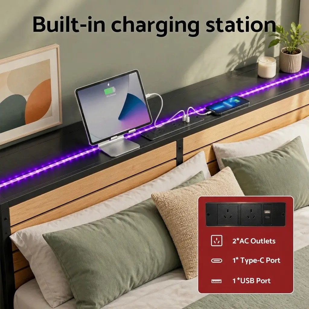 Double Bed Frame Black Double Size Daybed with Trundle LED Lights and Charging Station