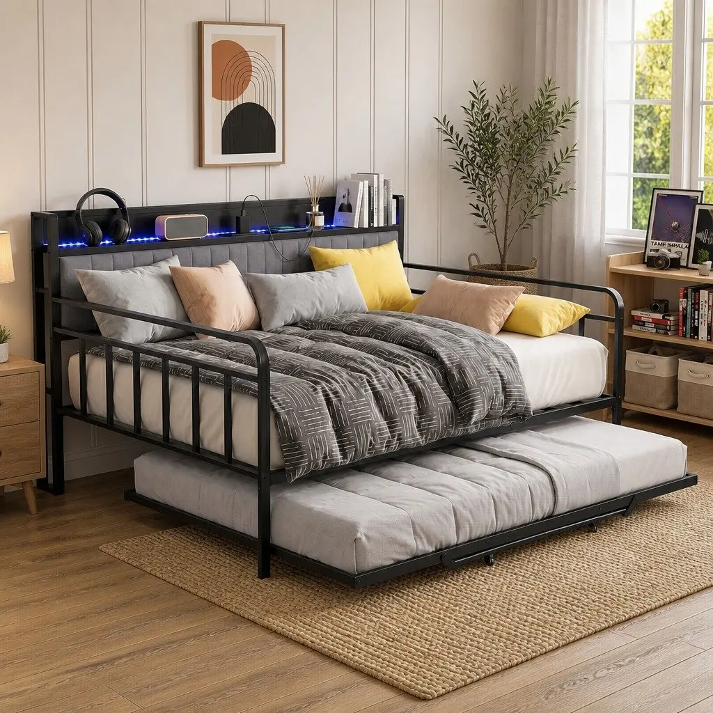Double Bed Frame Black Double Size Daybed with Trundle LED Lights and Charging Station