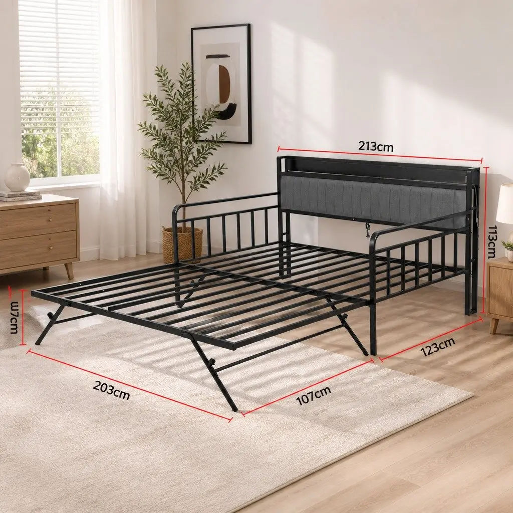 King Single Bed Frame Metal Trundle Daybed LED Lights Charging Station Storage