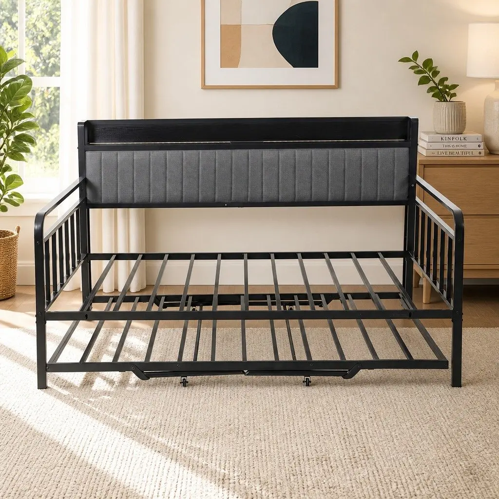 King Single Bed Frame Metal Trundle Daybed LED Lights Charging Station Storage