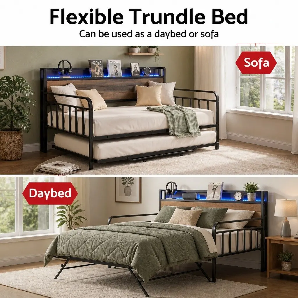 King Single Bed Frame Metal Trundle Daybed LED Lights Charging Station Storage