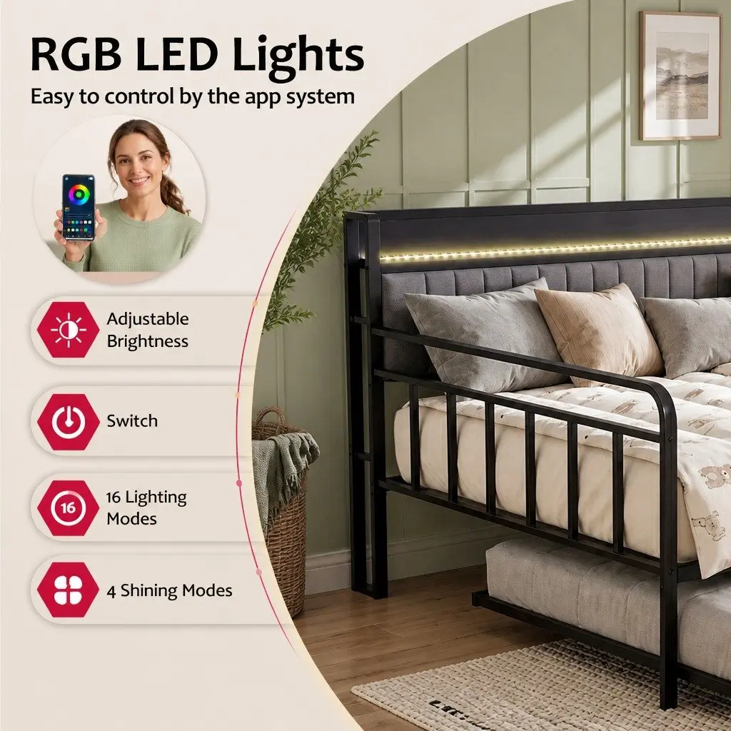 King Single Bed Frame Metal Trundle Daybed LED Lights Charging Station Storage