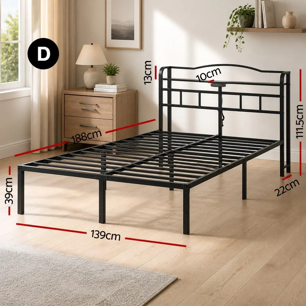Double Bed Frame Black Double Integrated Charging Station Rounded Corners Storage