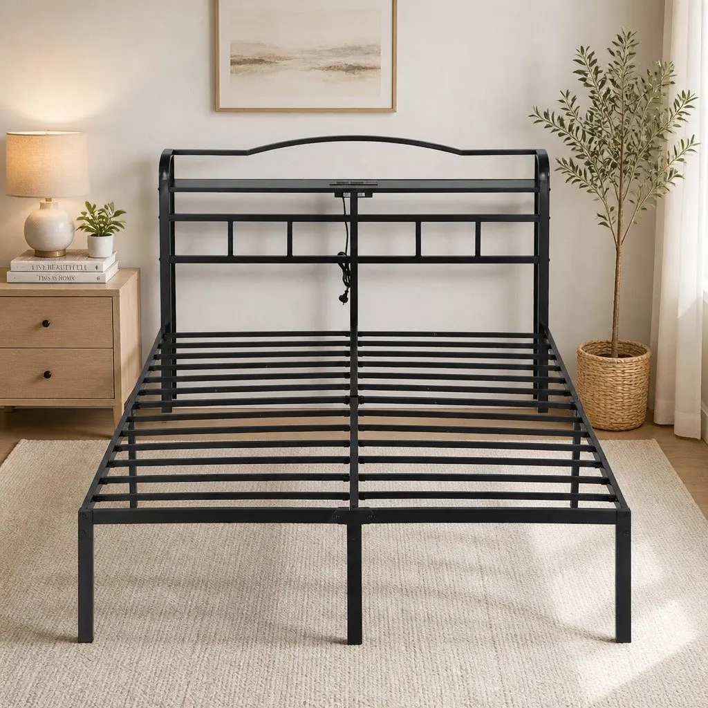 Double Bed Frame Black Double Integrated Charging Station Rounded Corners Storage