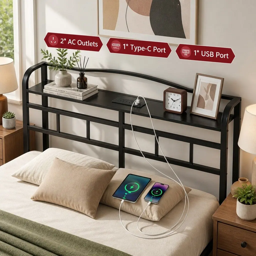 Double Bed Frame Black Double Integrated Charging Station Rounded Corners Storage