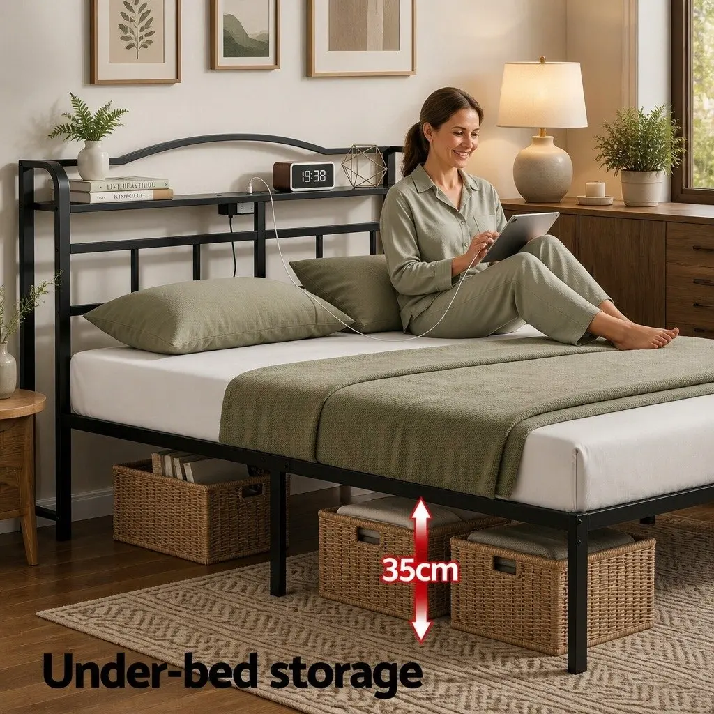 Double Bed Frame Black Double Integrated Charging Station Rounded Corners Storage