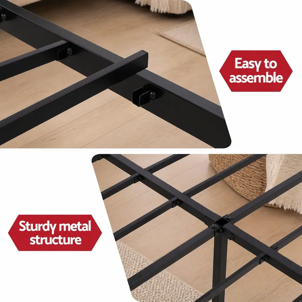 Double Bed Frame Black Double Integrated Charging Station Rounded Corners Storage
