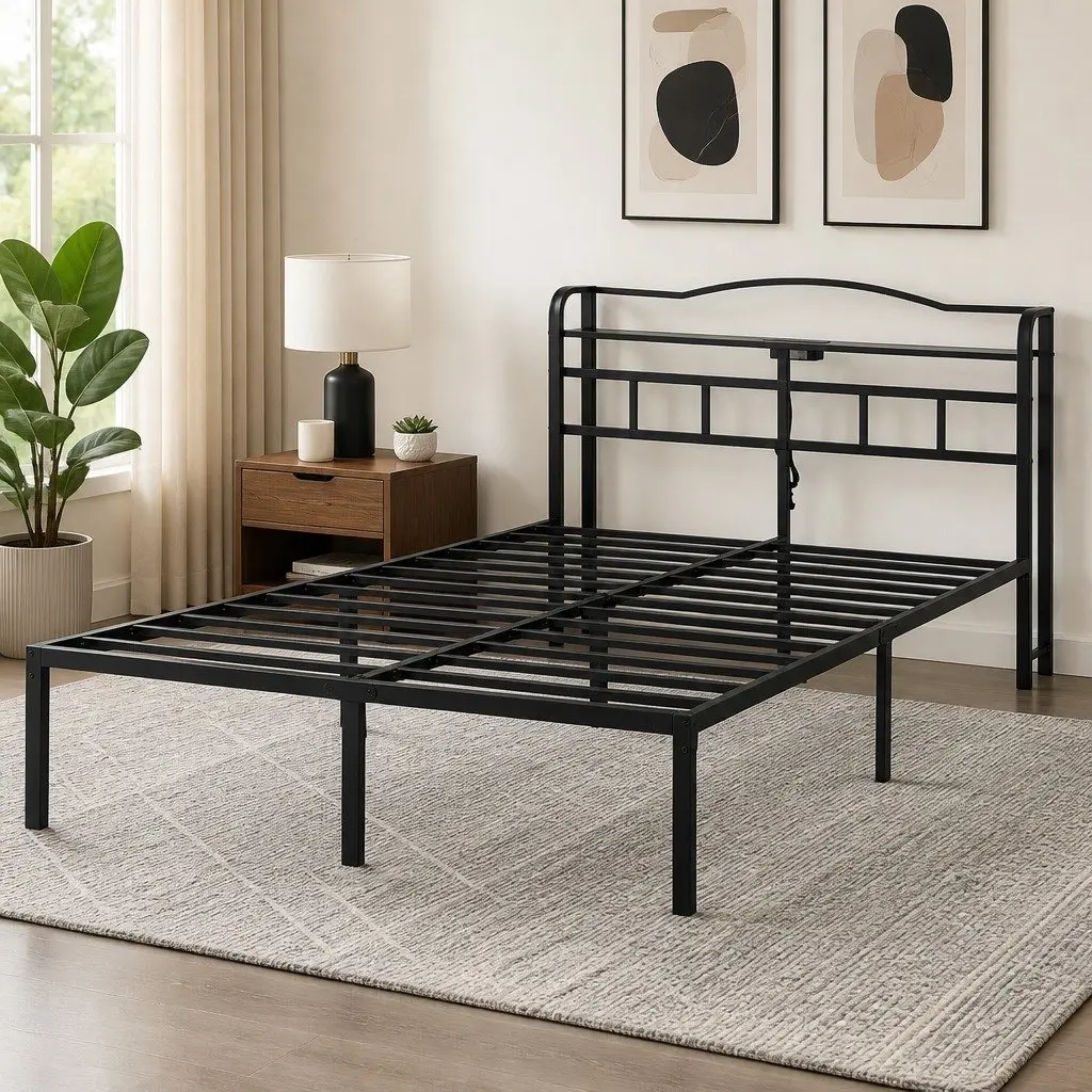 Double Bed Frame Black Double Integrated Charging Station Rounded Corners Storage