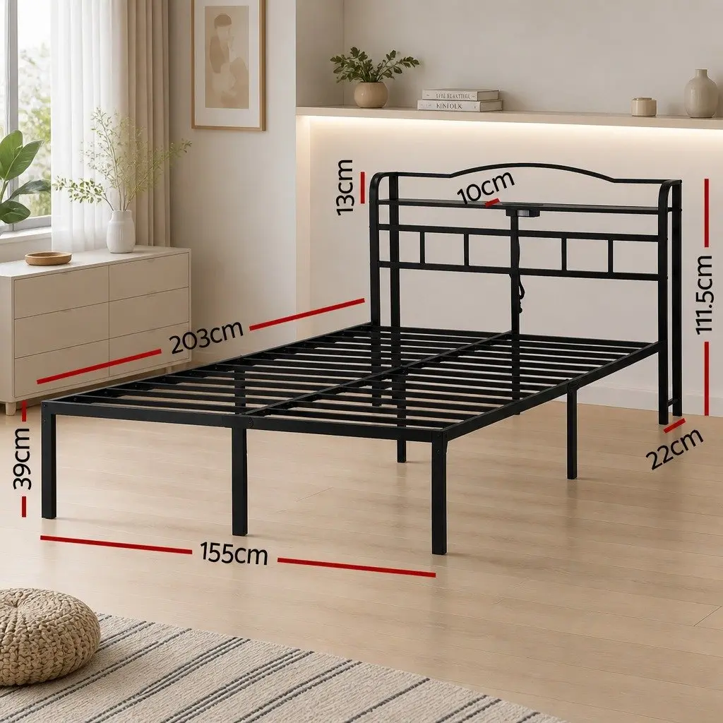 Queen Size Bed Frame Black with Integrated Charging Station AC Outlets USB Type-C