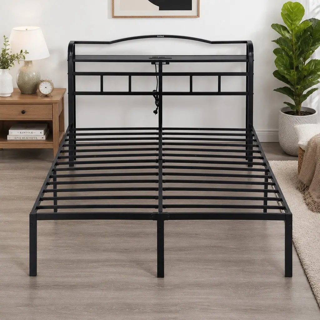Queen Size Bed Frame Black with Integrated Charging Station AC Outlets USB Type-C