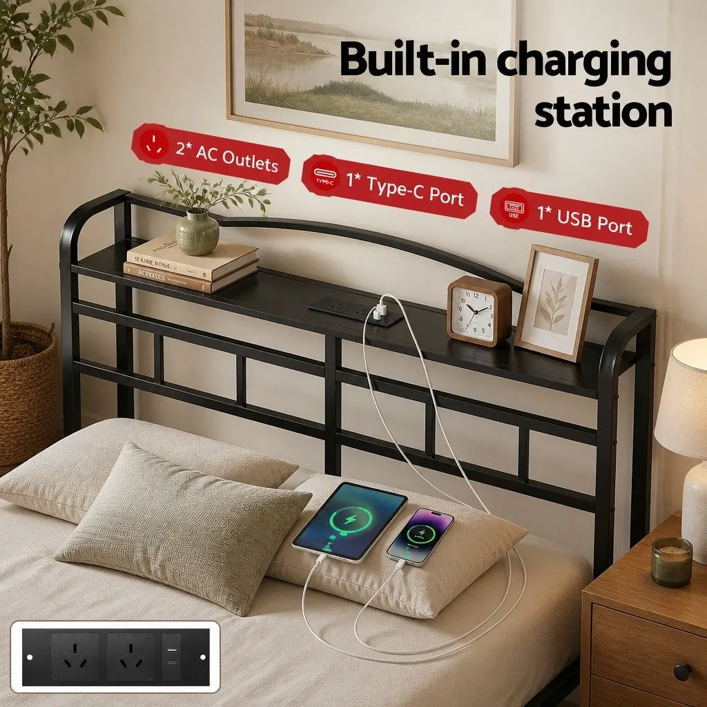Queen Size Bed Frame Black with Integrated Charging Station AC Outlets USB Type-C