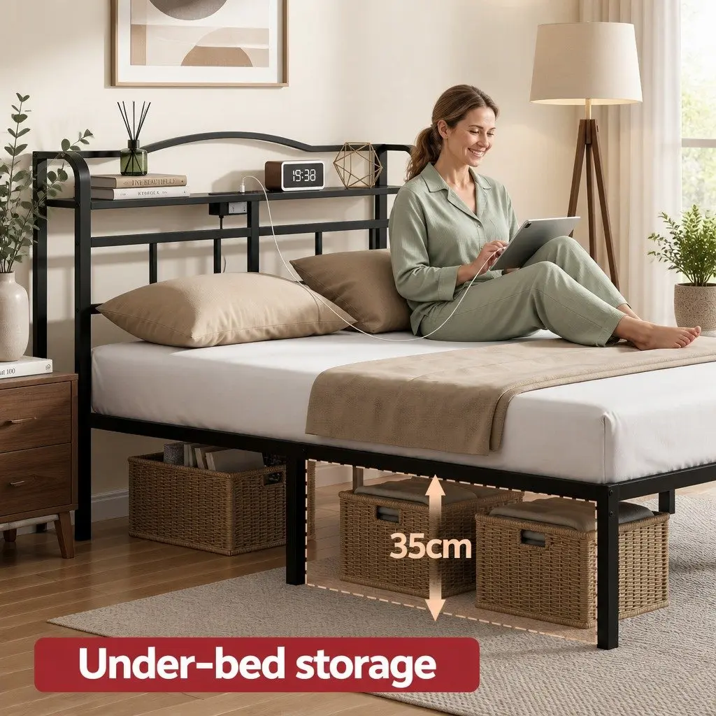 Queen Size Bed Frame Black with Integrated Charging Station AC Outlets USB Type-C