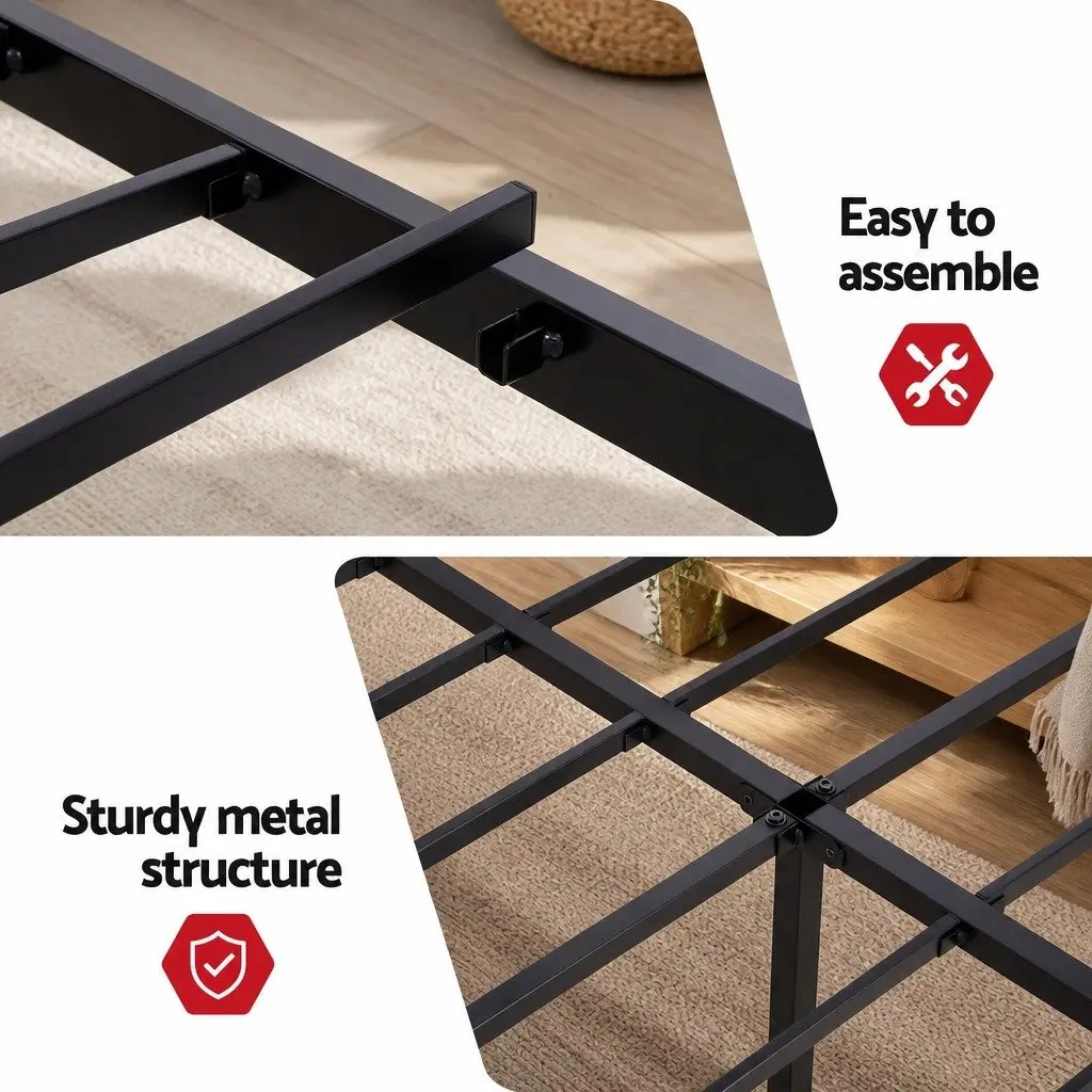 Queen Size Bed Frame Black with Integrated Charging Station AC Outlets USB Type-C