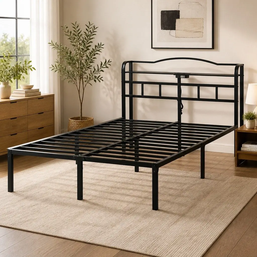 Queen Size Bed Frame Black with Integrated Charging Station AC Outlets USB Type-C
