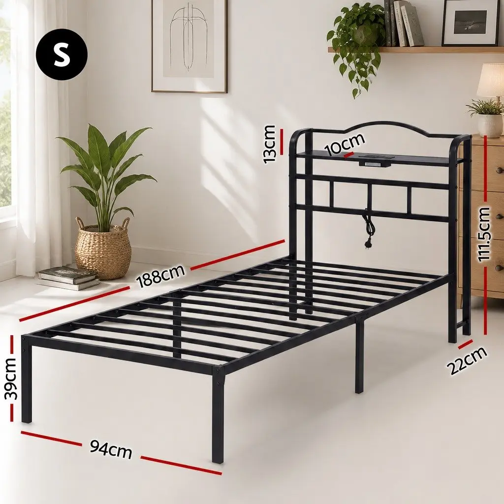 Single Bed Frame Black MDF Headboard Integrated Charging Station Storage