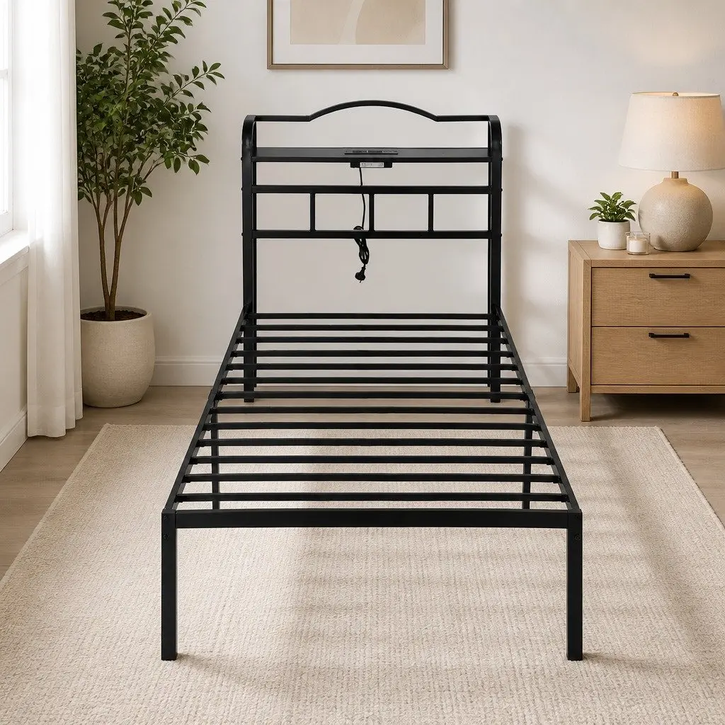 Single Bed Frame Black MDF Headboard Integrated Charging Station Storage
