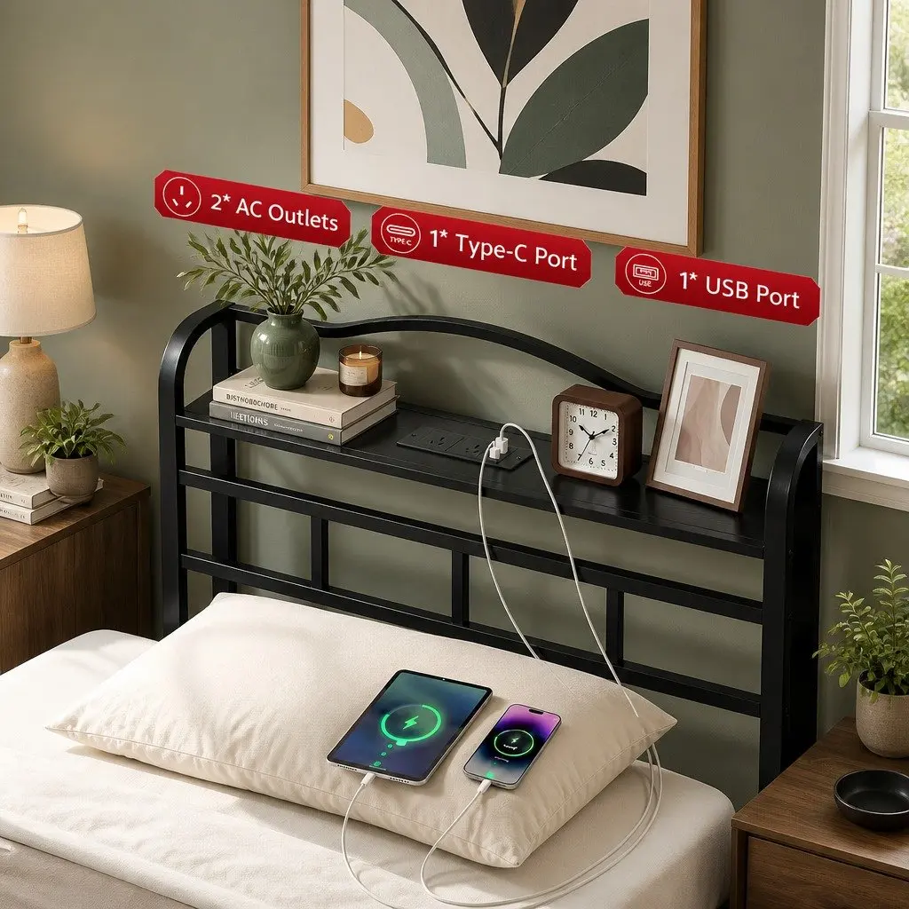 Single Bed Frame Black MDF Headboard Integrated Charging Station Storage