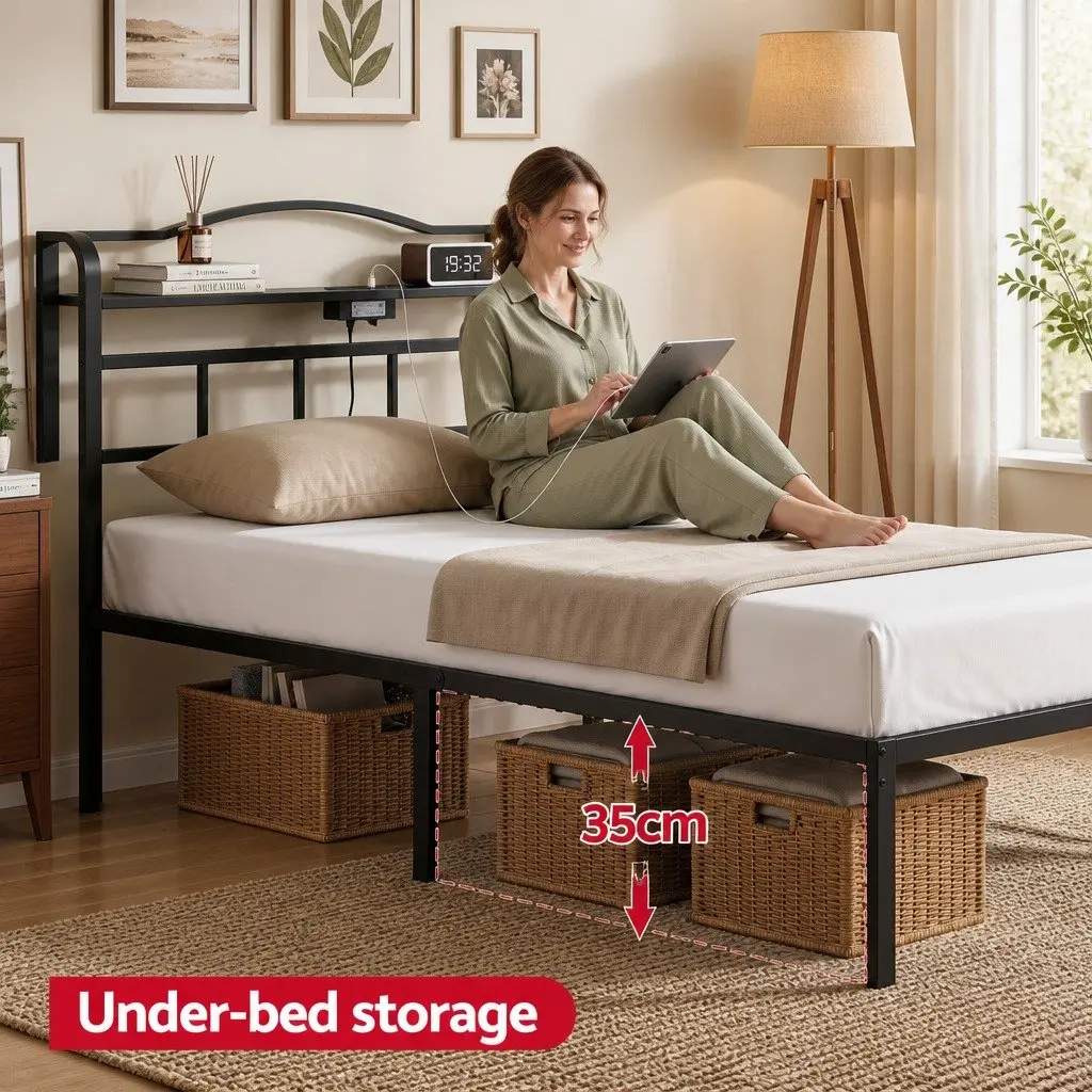 Single Bed Frame Black MDF Headboard Integrated Charging Station Storage