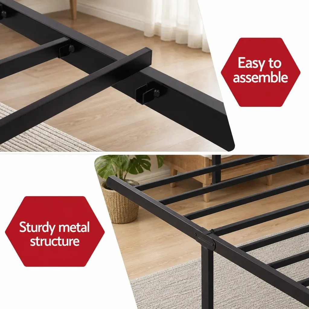 Single Bed Frame Black MDF Headboard Integrated Charging Station Storage