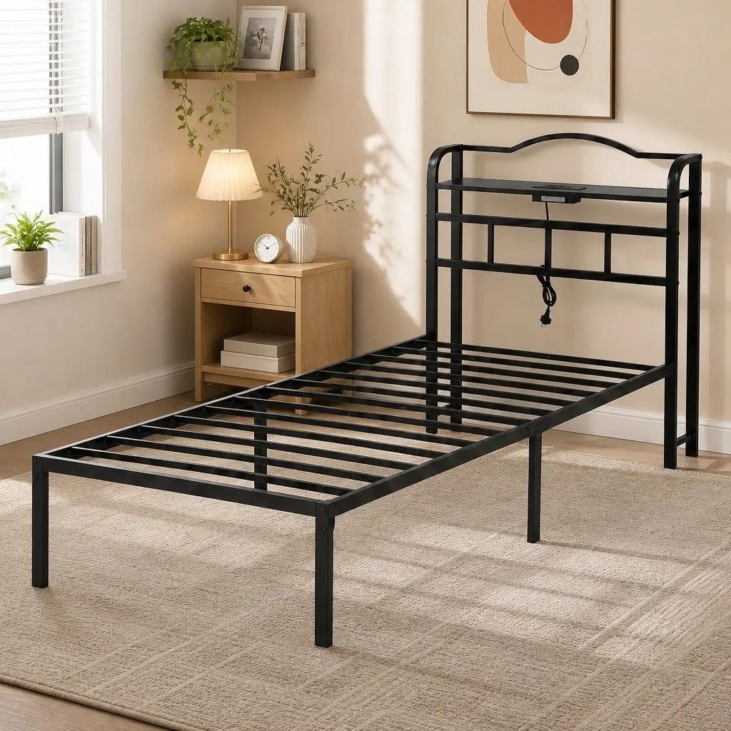 Single Bed Frame Black MDF Headboard Integrated Charging Station Storage