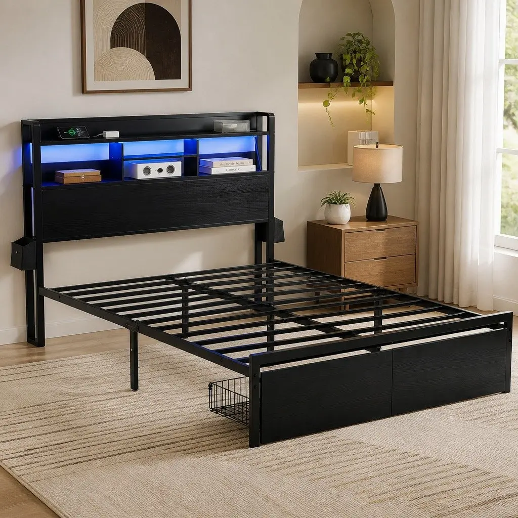 Double Bed Frame Black Double Metal with LED Lights Storage Drawers Charging Station