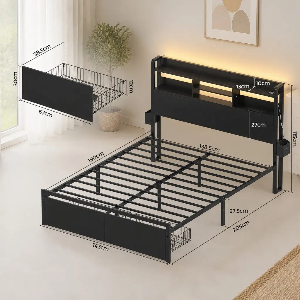 Double Bed Frame Black Double Metal with LED Lights Storage Drawers Charging Station