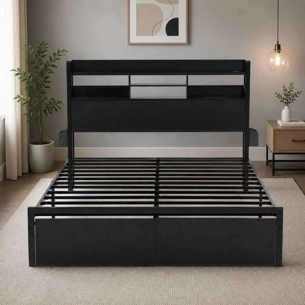Double Bed Frame Black Double Metal with LED Lights Storage Drawers Charging Station