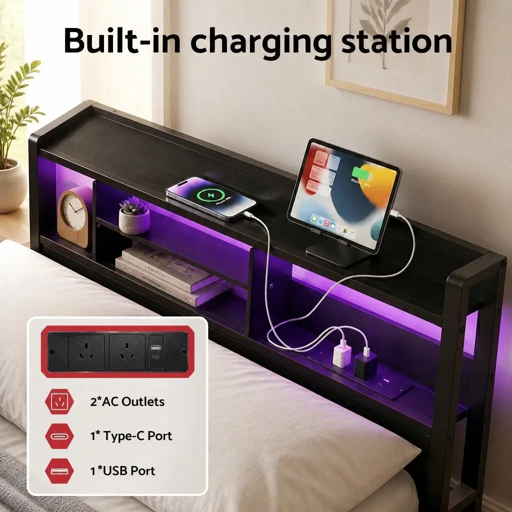 Double Bed Frame Black Double Metal with LED Lights Storage Drawers Charging Station