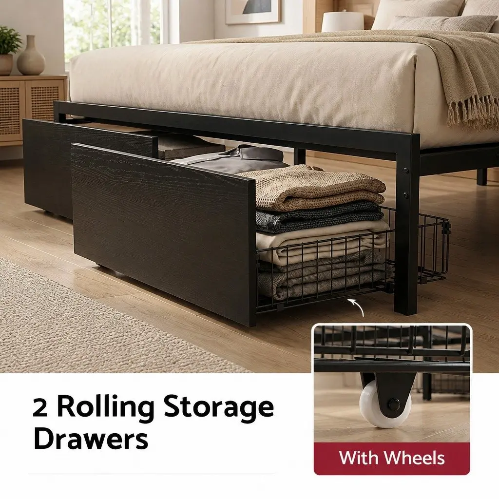 Double Bed Frame Black Double Metal with LED Lights Storage Drawers Charging Station