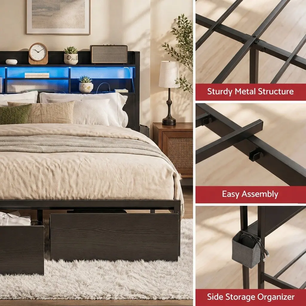 Double Bed Frame Black Double Metal with LED Lights Storage Drawers Charging Station