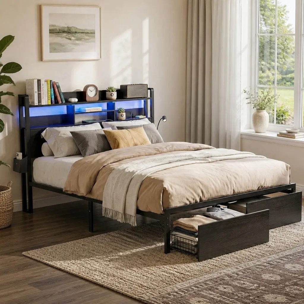King Bed Frame Featuring LED Lights and Storage Options