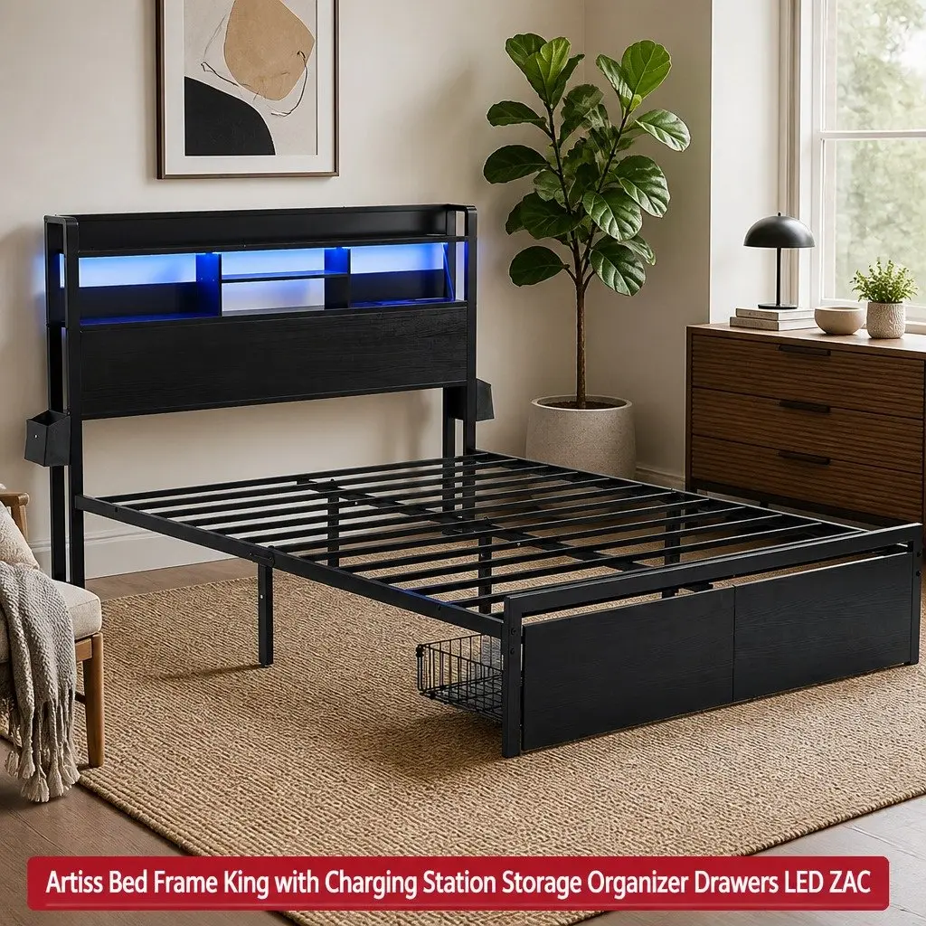King Bed Frame Black Metal with Charging Station Storage Drawers LED Lights