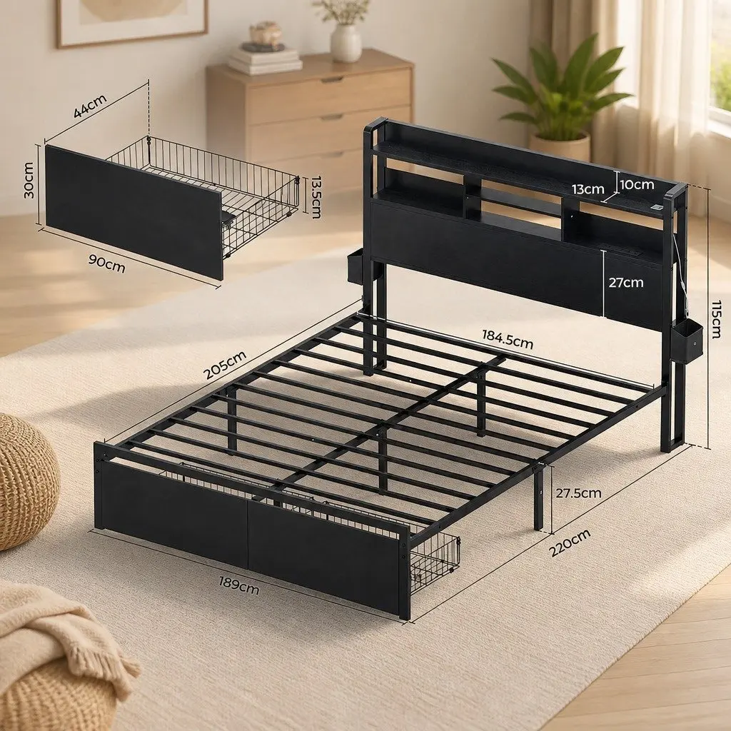 King Bed Frame Black Metal with Charging Station Storage Drawers LED Lights