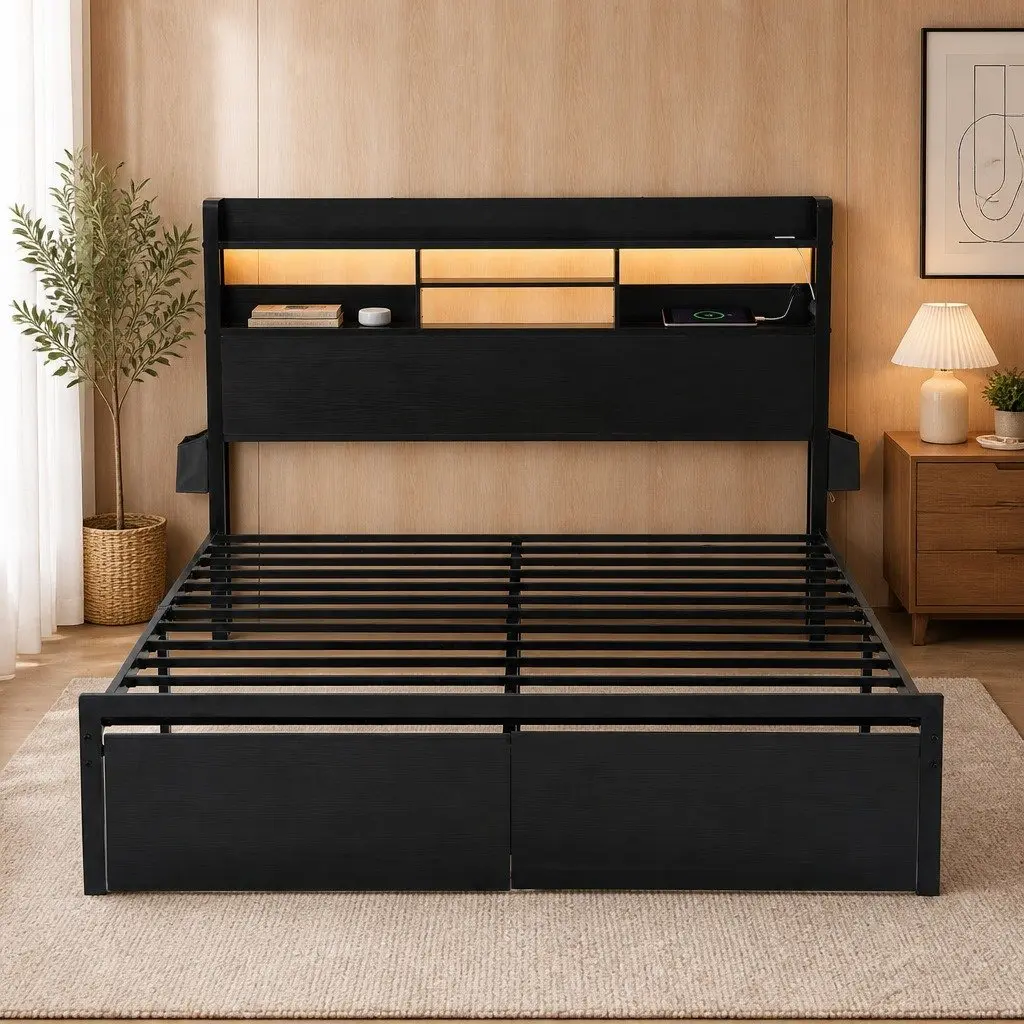 King Bed Frame Black Metal with Charging Station Storage Drawers LED Lights