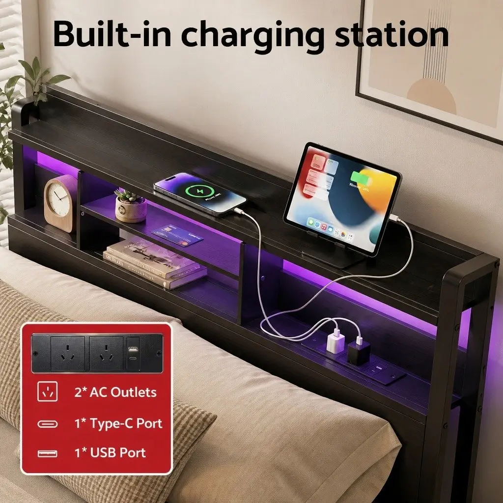 King Bed Frame Black Metal with Charging Station Storage Drawers LED Lights