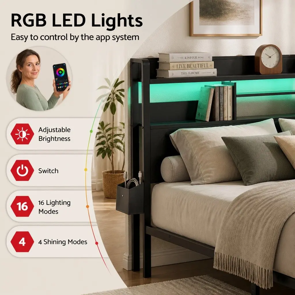 King Bed Frame Black Metal with Charging Station Storage Drawers LED Lights