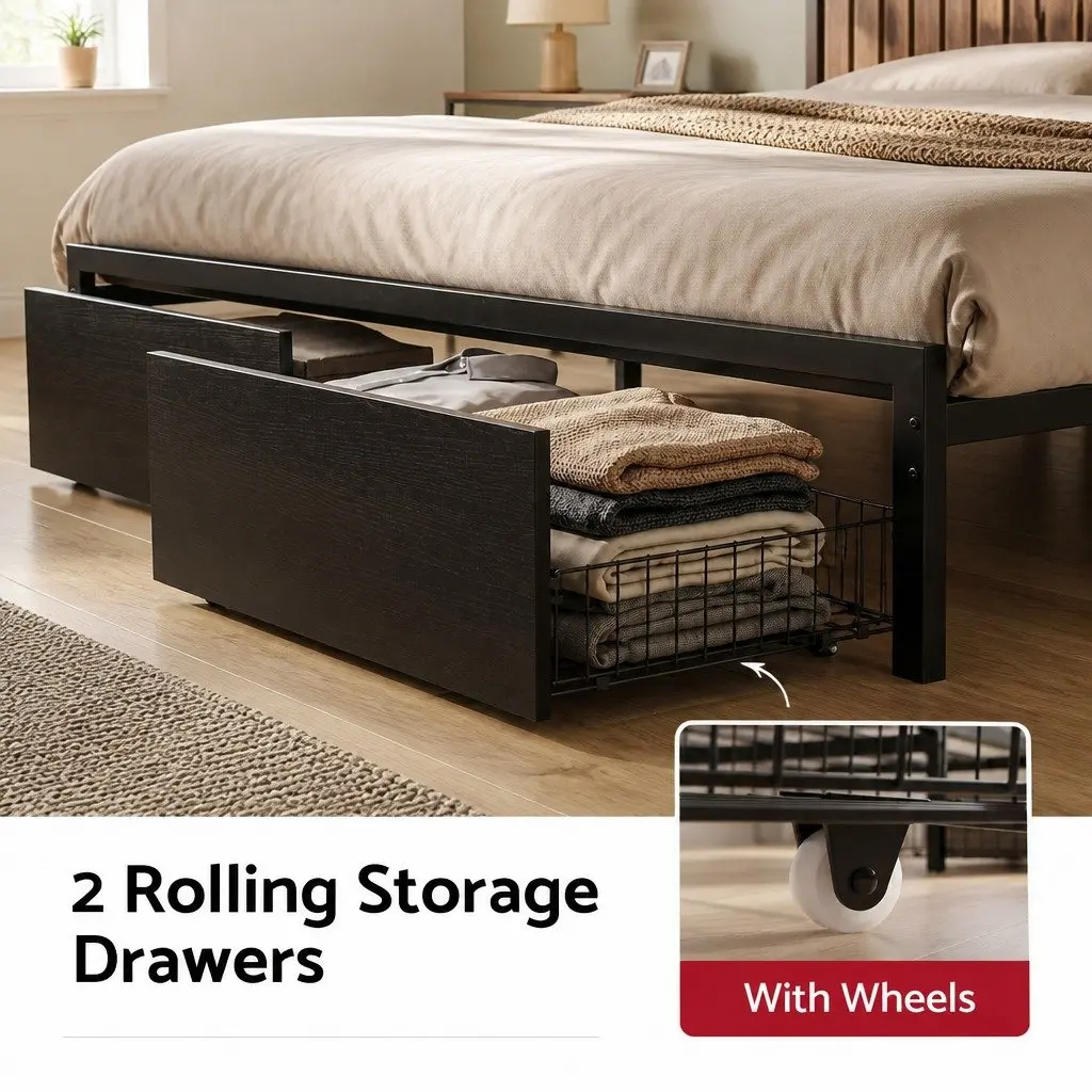King Bed Frame Black Metal with Charging Station Storage Drawers LED Lights