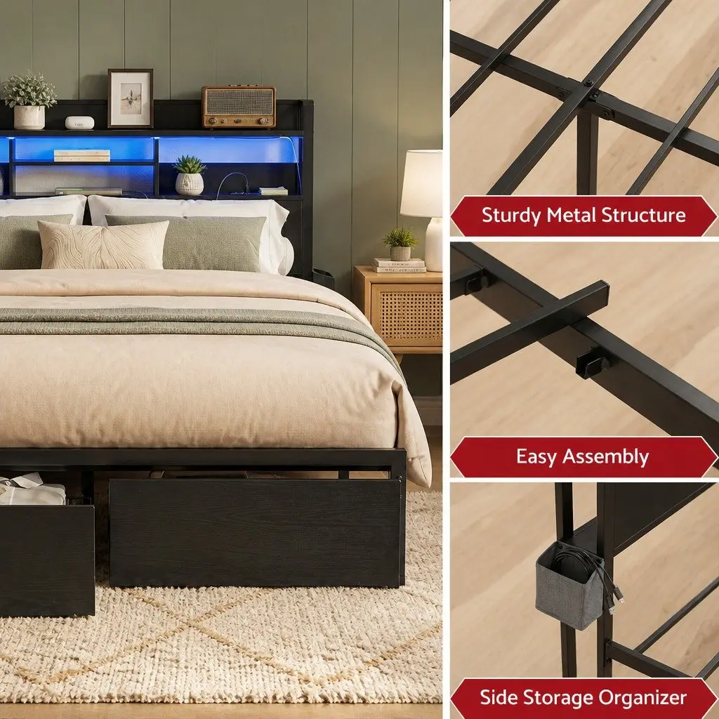 King Bed Frame Black Metal with Charging Station Storage Drawers LED Lights