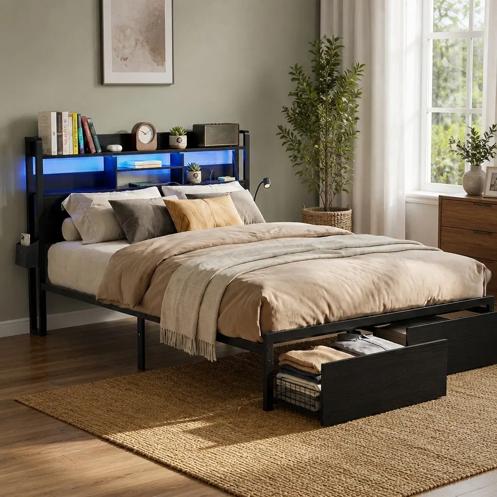 Queen Bed Frame with Storage and Charging Options