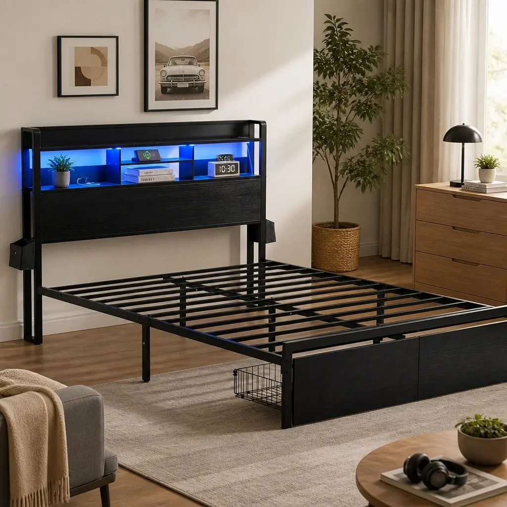 Queen Bed Frame Black Metal Industrial Style with Storage Drawers LED Charging Station