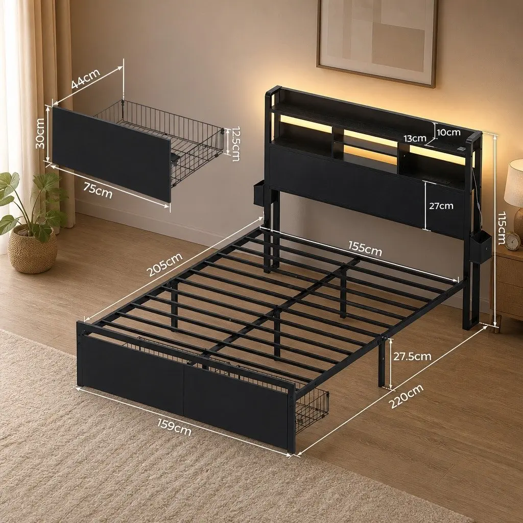 Queen Bed Frame Black Metal Industrial Style with Storage Drawers LED Charging Station