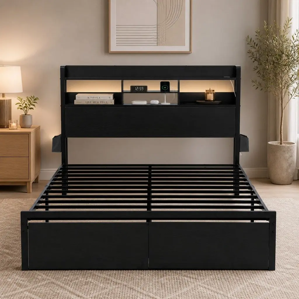 Queen Bed Frame Black Metal Industrial Style with Storage Drawers LED Charging Station