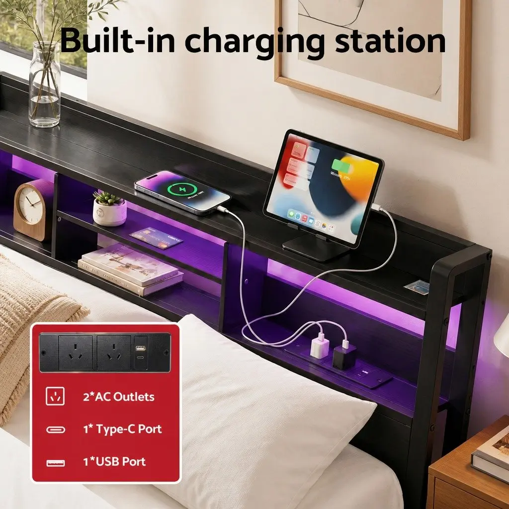 Queen Bed Frame Black Metal Industrial Style with Storage Drawers LED Charging Station